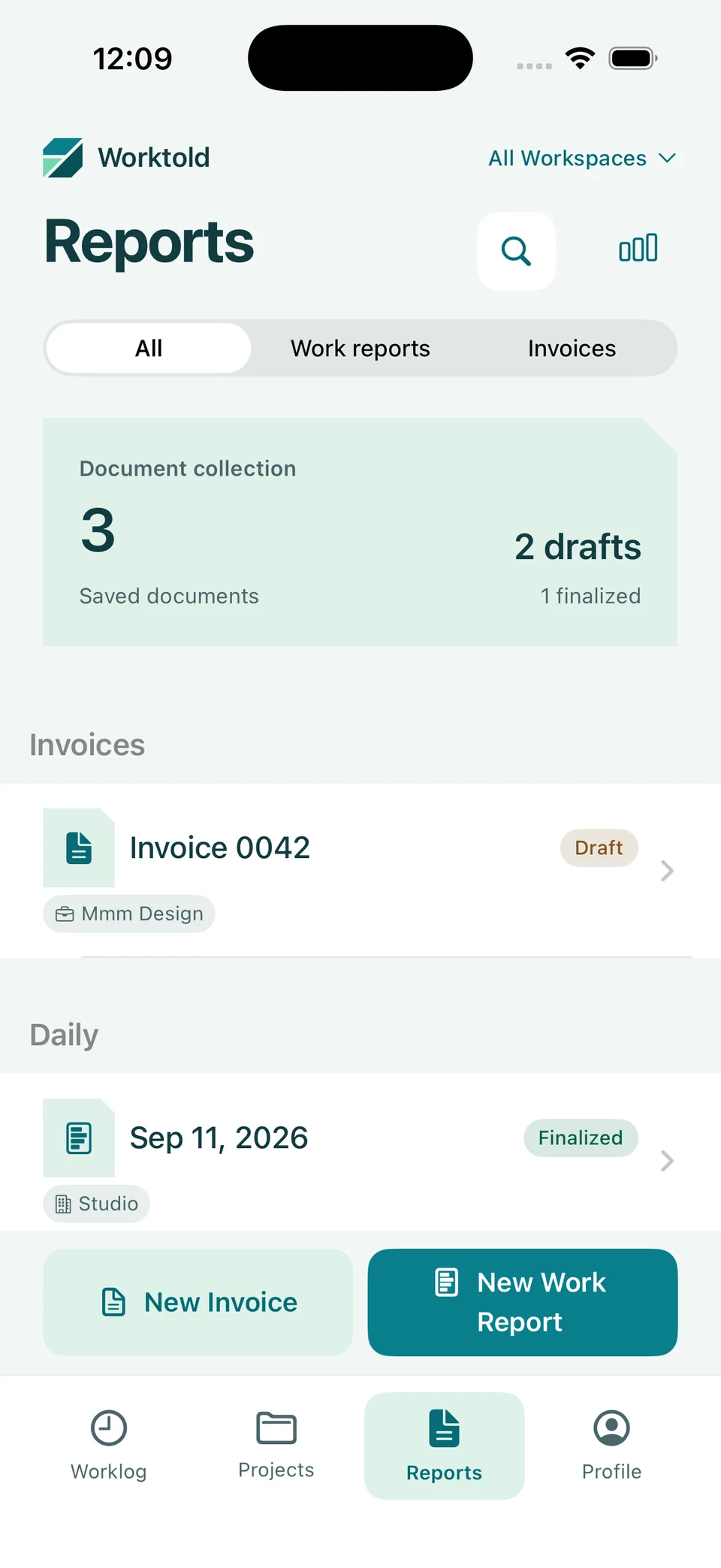Worktold reports screen showing sample work data